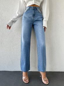 SHEIN PETITE Jeans Rectos De Cintura Alta Para Mujer - Lavado ligero - Ver 6