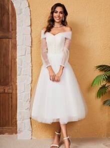 French Style Off-Shoulder Long Sleeve Mesh Wedding Dress - White - View 6