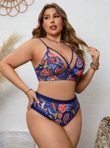 SHEIN Swim Curve 大码女式花卉印花比基尼套装夏季海滩 - 彩色 - 查看 4