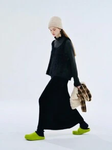 實色毛絨長度及膝的裙子 - 黑色 - 查看 3