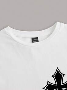 SHEIN EZwear 休閒簡約十字印花女士短款長袖修身T恤 - 白色 - 查看 3