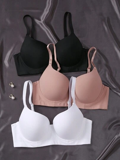 Snug Zone 3pcs/Set Plus Size Women's Solid Color Bralette, Lift