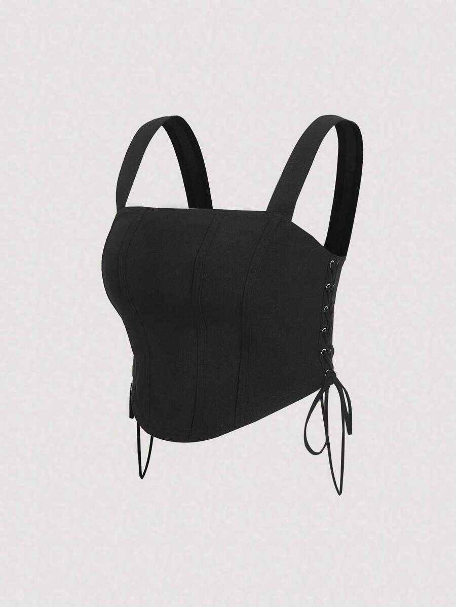 SHEIN MOD Plus Size Shoulder Strap Wide Strap Top With Tie Side - Black - View 1