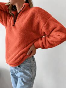 RueChic Half Zip Drop Shoulder Teddy Sweatshirt - Orange - View 5