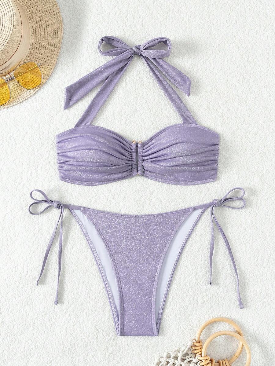 SHEIN Swim Pleated Halter Neck Bikini Set Carnival Summer - Lilac Purple - View 1