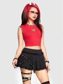 ROMWE Avant Retro Y2K In hoa Báo Nối Tim Đính đá Quần skinny Áo thun - Đỏ - Xem 5