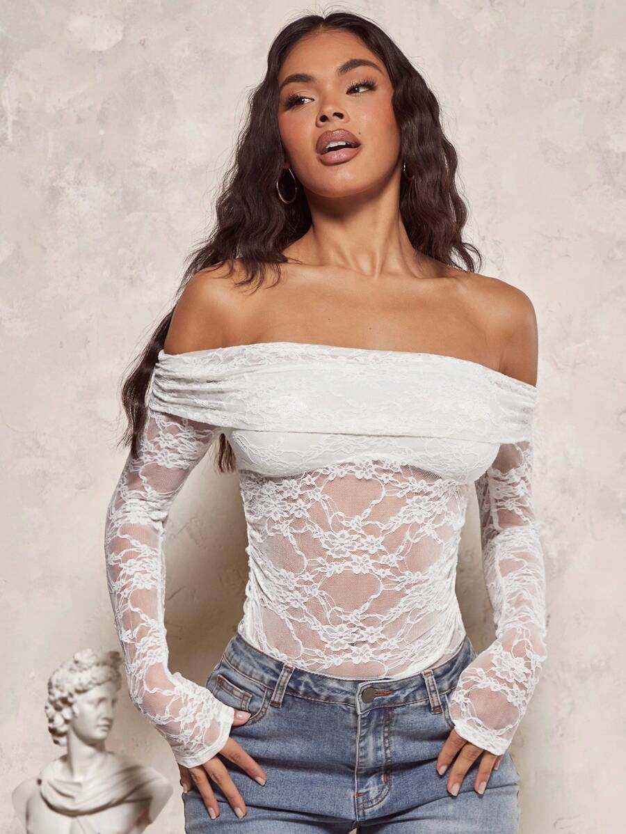 SHEIN BAE 女士浪漫情人節約會性感透明蕾絲露肩長袖白色t卹
