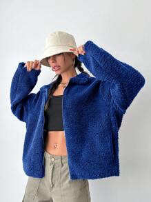Cloudara Women's Solid Color Plush Zip Front Jacket - Teal Blue - View 5