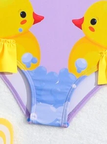 Costume Da Bagno Monopezzo Con Volant Stampato Con Cartone Animato Di Anatra Per Bambina Con Dettaglio Fiocco