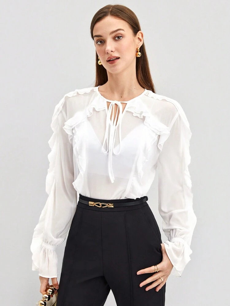 Women's Ruffle Neckline Tie-front Shirt