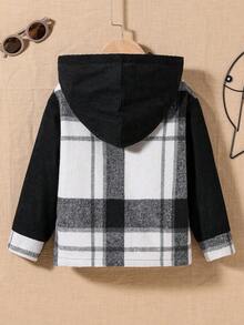 SHEIN 幼童男孩格紋灰混紡卡其拼接連帽休閒外套 - 黑色 - 查看 2