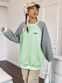 Flirla Textured Grid Raglan Sleeves Sweatshirt Pullover Fall Sweatshirt - Mint Green - View 6