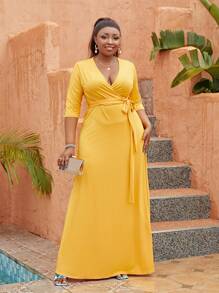 Astrid Plus Size Solid Color Wrap With Belt Midi Dress - Yellow - View 1