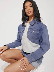 SHEIN Unity Giacca Di Jeans Corta Con Tasca A Soffietto E Blocchi Di Colore - Lavaggio chiaro - Visualizzare 1