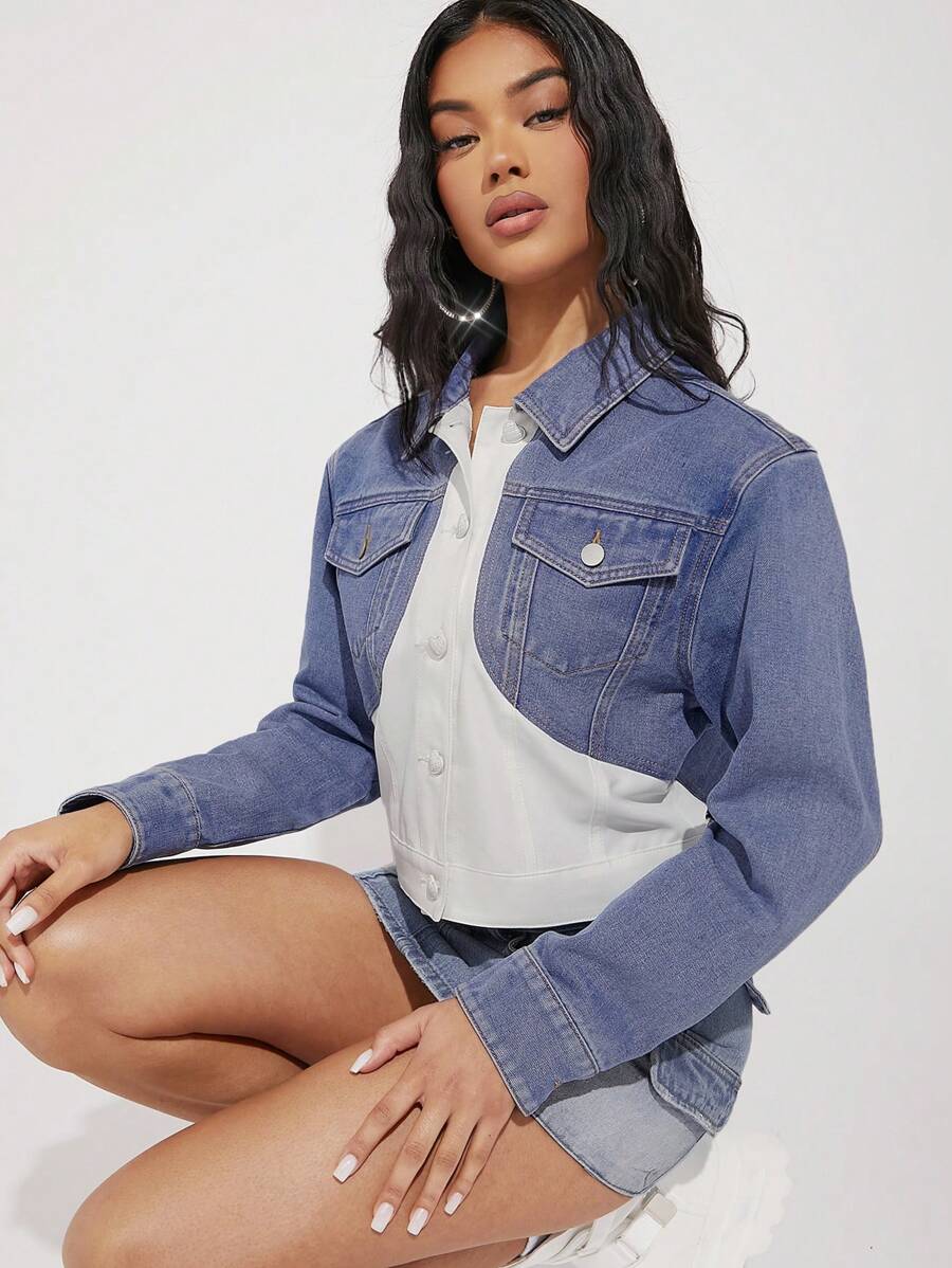 SHEIN Unity Giacca Di Jeans Corta Con Tasca A Soffietto E Blocchi Di Colore - Lavaggio chiaro - Visualizzare 1