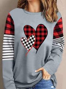 SHEIN LUNE 女士愛心條紋印花拼接長袖運動t恤衫 - 灰色 - 查看 2