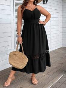 SHEIN Holidaya 大尺碼女蕾絲拼接細肩帶連身裙 - 黑色 - 查看 4