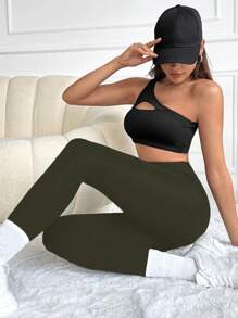 SHEIN Cottnline Solid Wideband Waist Leggings - Green - View 6
