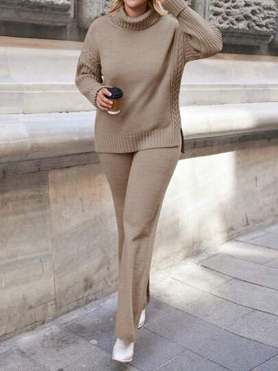 Plus Golf z Opuszczonymi Ramionami i Rozciętym Dołem Sweter i Dzianinowe Spodnie, Na Zimę