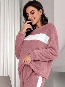 女士彩色拼接絨毛家居上衣 - 粉色 - 查看 3