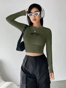SHEIN Unity 長袖短版 T 卹 - 軍綠色 - 查看 3