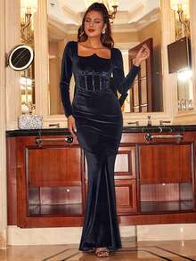 Missord Square Neck Mermaid Hem Velvet Formal Dress - Black - View 3
