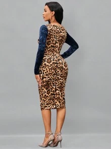 SHEIN Lady Patchwork Leopard Print Bodycon Long Sleeve Dress - Royal Blue - View 2