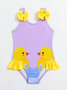 Costume Da Bagno Monopezzo Con Volant Stampato Con Cartone Animato Di Anatra Per Bambina Con Dettaglio Fiocco