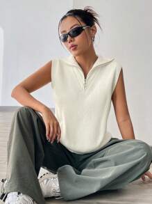 SHEIN Unity Zipper Turtleneck Solid Color Sweater Vest - White - View 6
