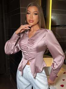 Zolique Long Sleeve Satin Blouse - Pink - View 4