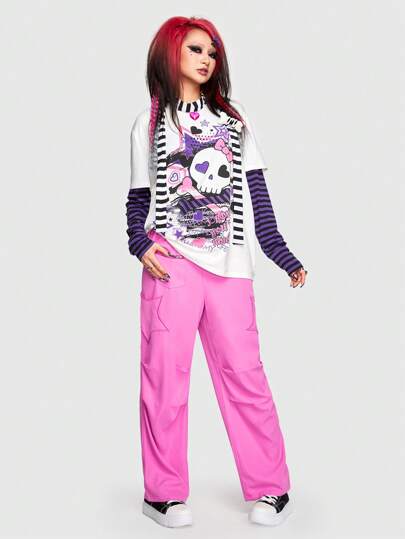 ROMWE Avant Loose Fit Straight Leg Pink Pants With Star Patches, Elastic Waistband & Zipper Closure