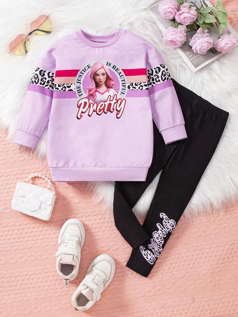 SHEIN Young Girl Leisure Leopard Patchwork People & Letter Print Sweatshirt And Leggings Set - Violet Purple - View 1
