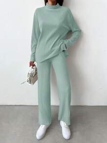 EURMUSE Mock Neck Drop Shoulder Tee & Pants - Green - View 1