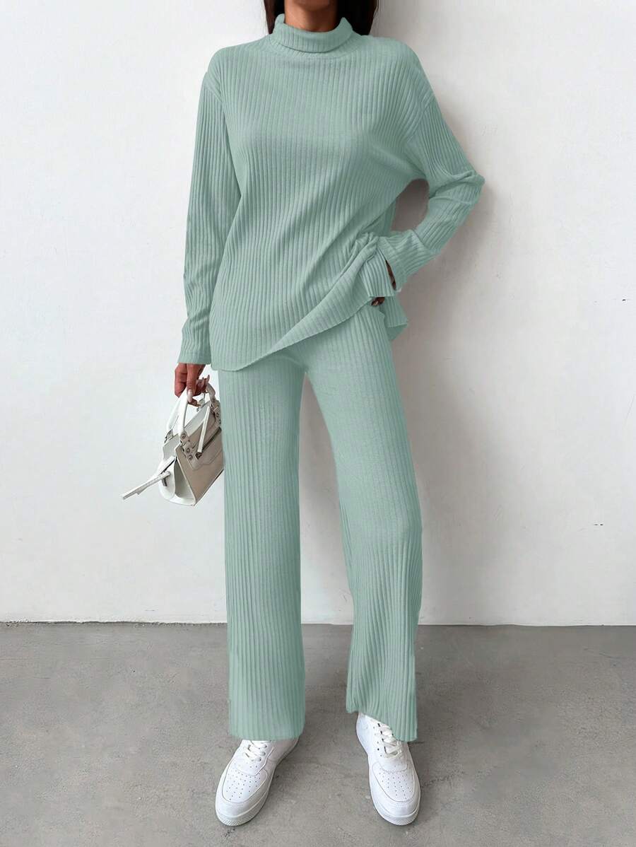 EURMUSE Mock Neck Drop Shoulder Tee & Pants - Green - View 1