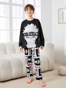 SHEIN Tween 男孩卡通印花長袖 T 恤和褲子家居服套裝 - 灰色 - 查看 5