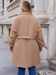 RueChic Plus Lapel Neck Double Breasted Belted Overcoat - Camel - View 2