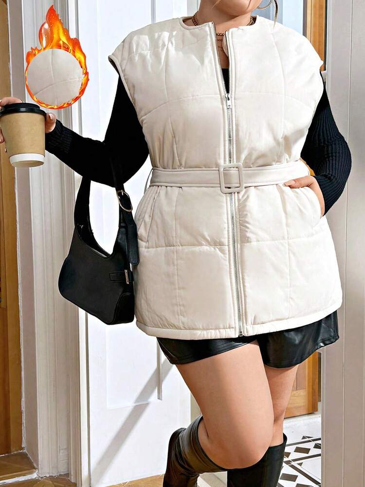 Plus Size Women's Zipper Belt Decorated Vest Winter Jacket