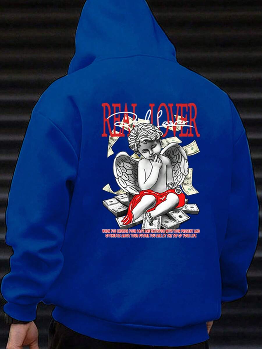 Manfinity EMRG Nam Lỏng lẻo phù hợp Hoodie Với Thiên sứ Và In Khẩu hiệu - Màu xanh lam - Xem 1