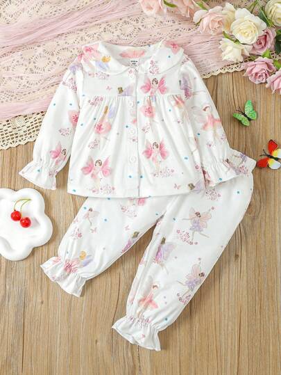 SHEIN Vintaside Kids 女嬰可愛花卉印花荷葉邊袖上衣和短褲套裝