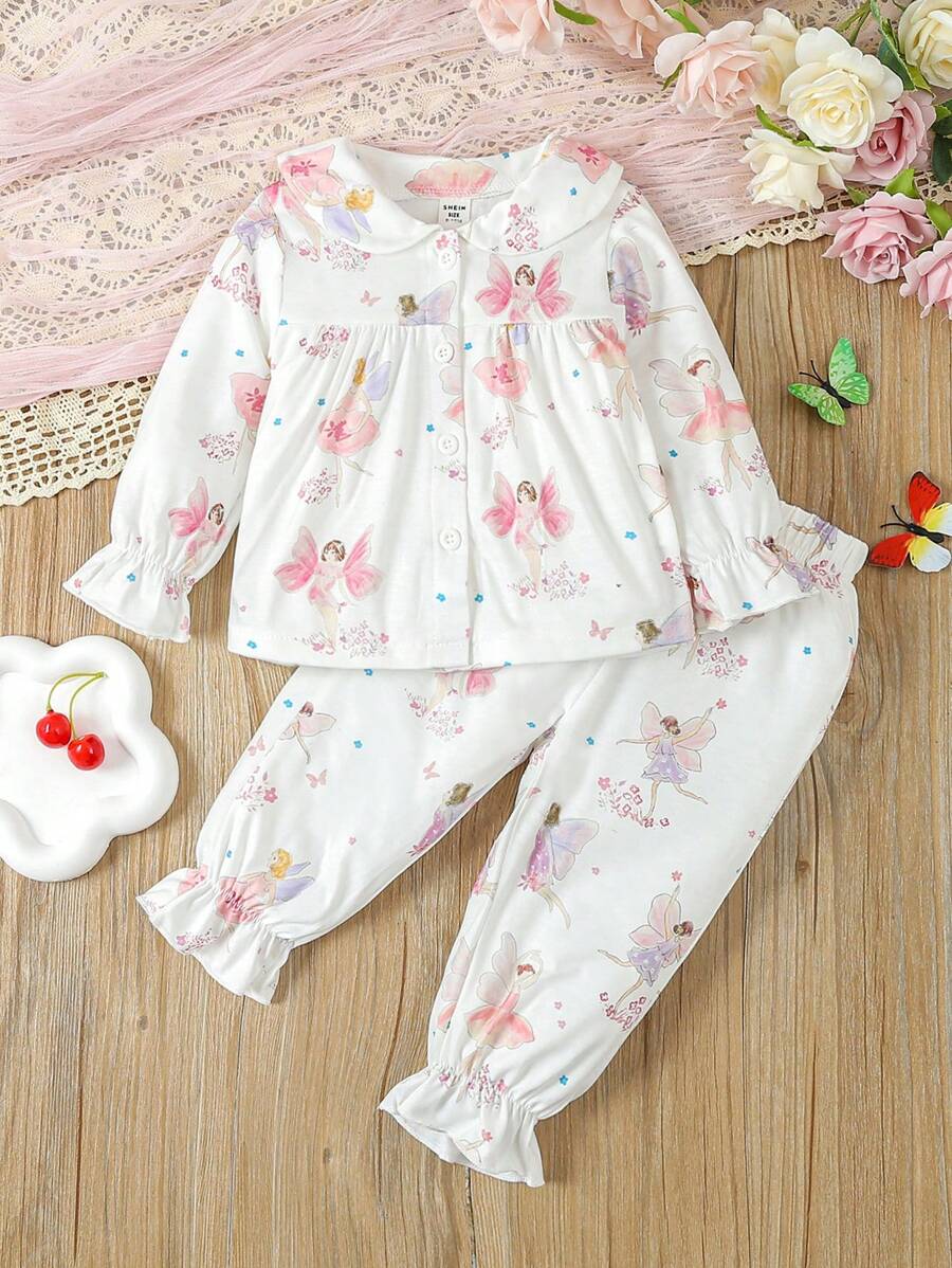 SHEIN Vintaside Kids 女嬰可愛花卉印花荷葉邊袖上衣和短褲套裝 - 白色 - 查看 1