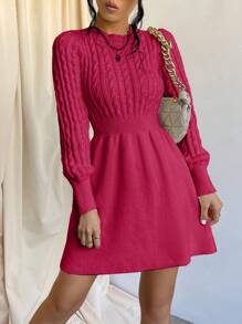 SHEIN Cottnline Cable Knit Long Sleeve Sweater Dress - Hot Pink - View 5