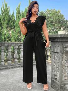 Cravure Mono elegante de pierna ancha con manga corta de encaje en contraste para mujer talla grande, para boda
