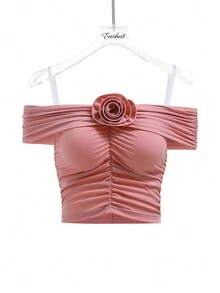 Enchnt Của phụ nữ Xù 3D Hoa Off Shoulder Dây Áo sơ mi - Đỏ - Xem 7