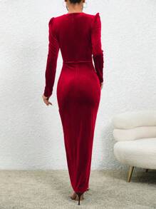 Chiquease Màu thuần Tay áo dài Viền không đối xứng Đầm - Đỏ - Xem 2