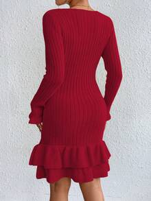Chiquease 純色波浪邊毛衣連衣裙 - 紅色 - 查看 2
