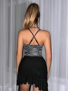 SHEIN Sweetina Crossback Floral Lace Cami Bodysuit - Black and White - View 2