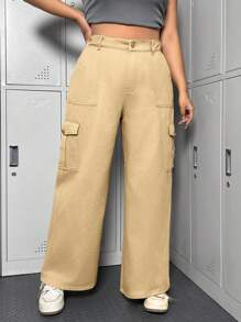 SHEIN EZwear Plus Size Women'S Solid Color Cargo Jeans - Khaki - View 1