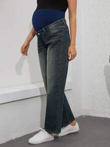 SHEIN Maternity Adjustable Waist Straight Leg Jeans With Water Wash - Medium Wash - View 5