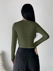 SHEIN Unity 長袖短版 T 卹 - 軍綠色 - 查看 2