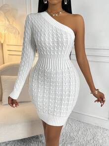 SHEIN Slayr One Shoulder Cable Knit Sweater Dress - White - View 7